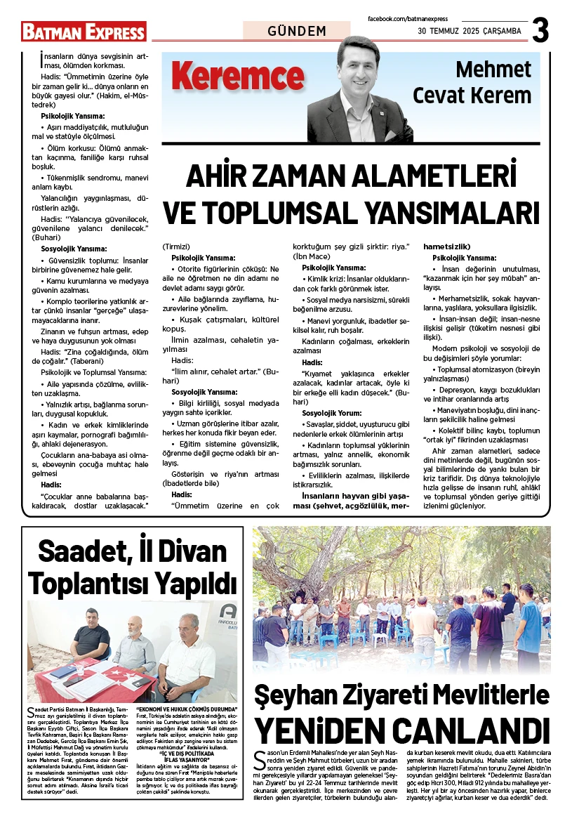 30 TEMMUZ 2025 ÇARŞAMBA