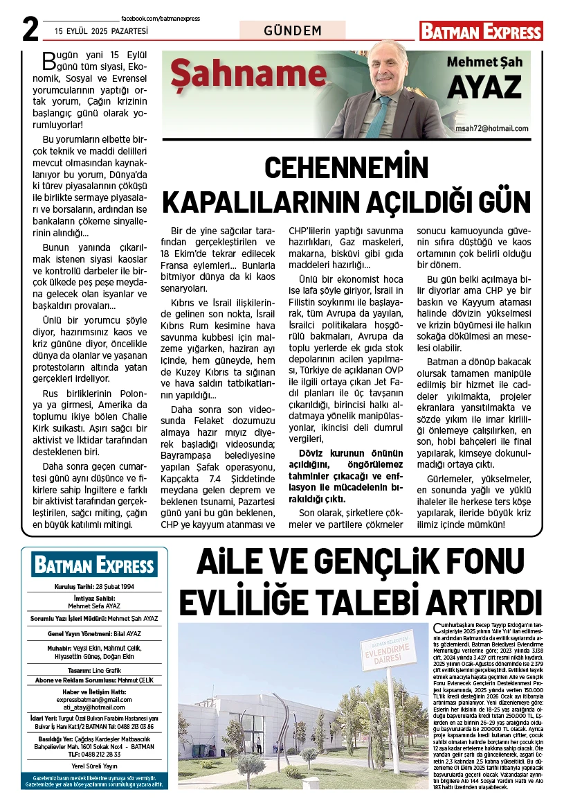 15 EYLÜL 2025 PAZARTESİ