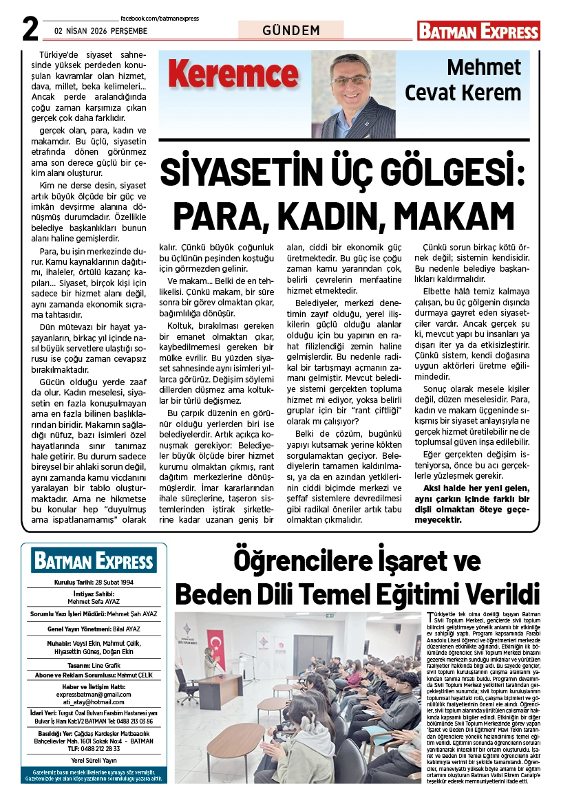 02 NİSAN 2026 PERŞEMBE