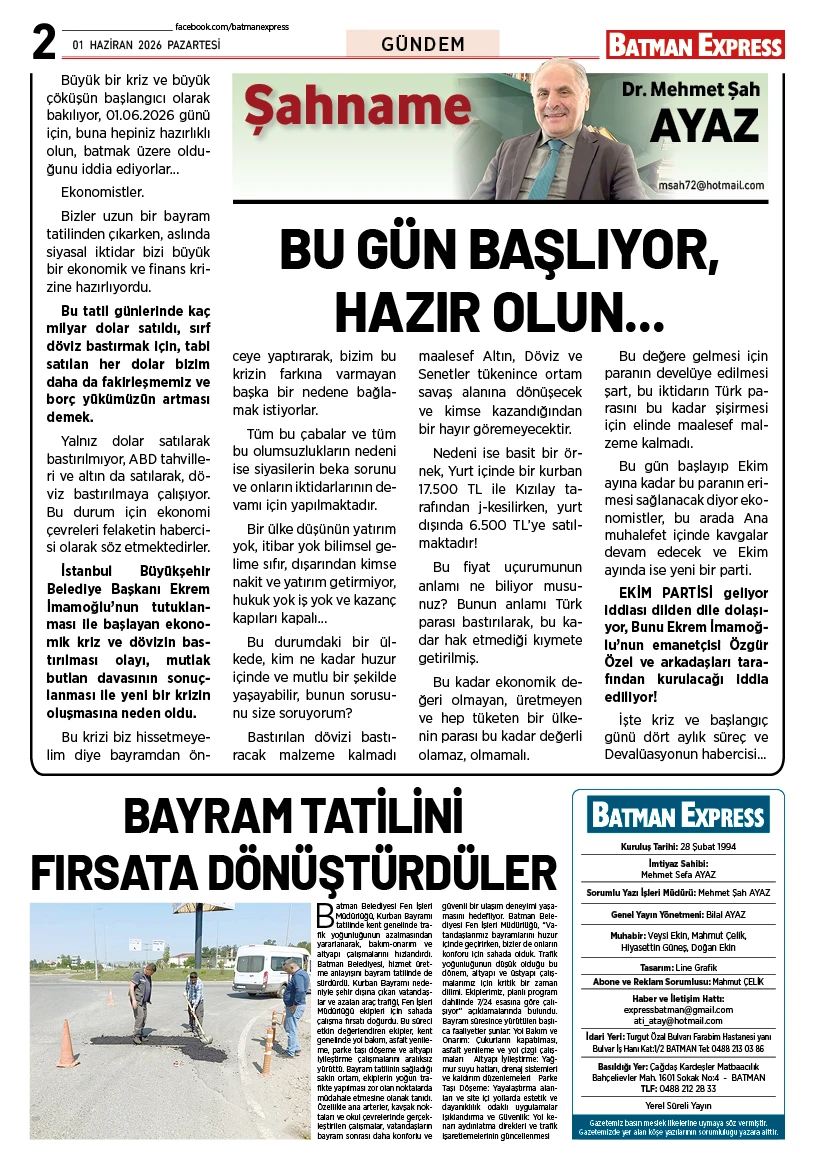01 HAZİRAN 2026 PAZARTESİ