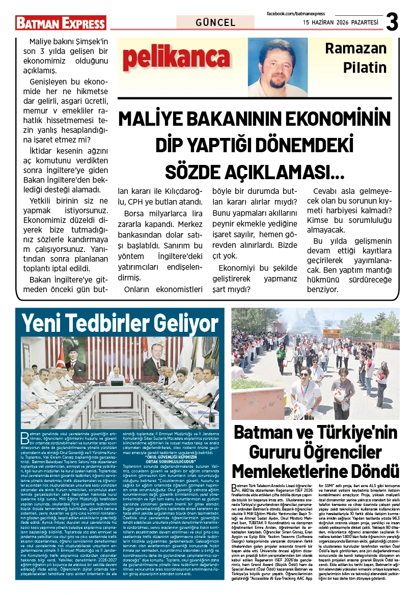 15 HAZİRAN 2026 PAZARTESİ
