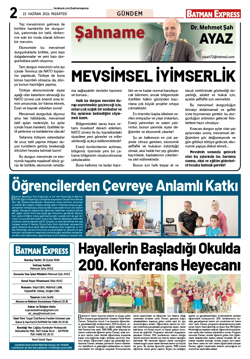 22 HAZİRAN 2026 PAZARTESİ