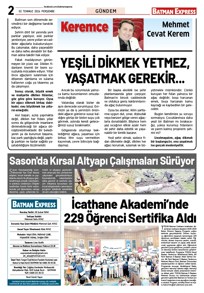 02 TEMMUZ 2026 PERŞEMBE