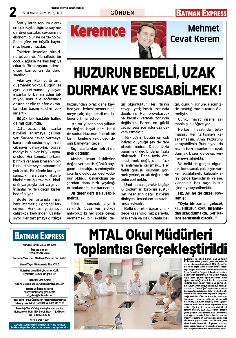 09 TEMMUZ 2026 PERŞEMBE
