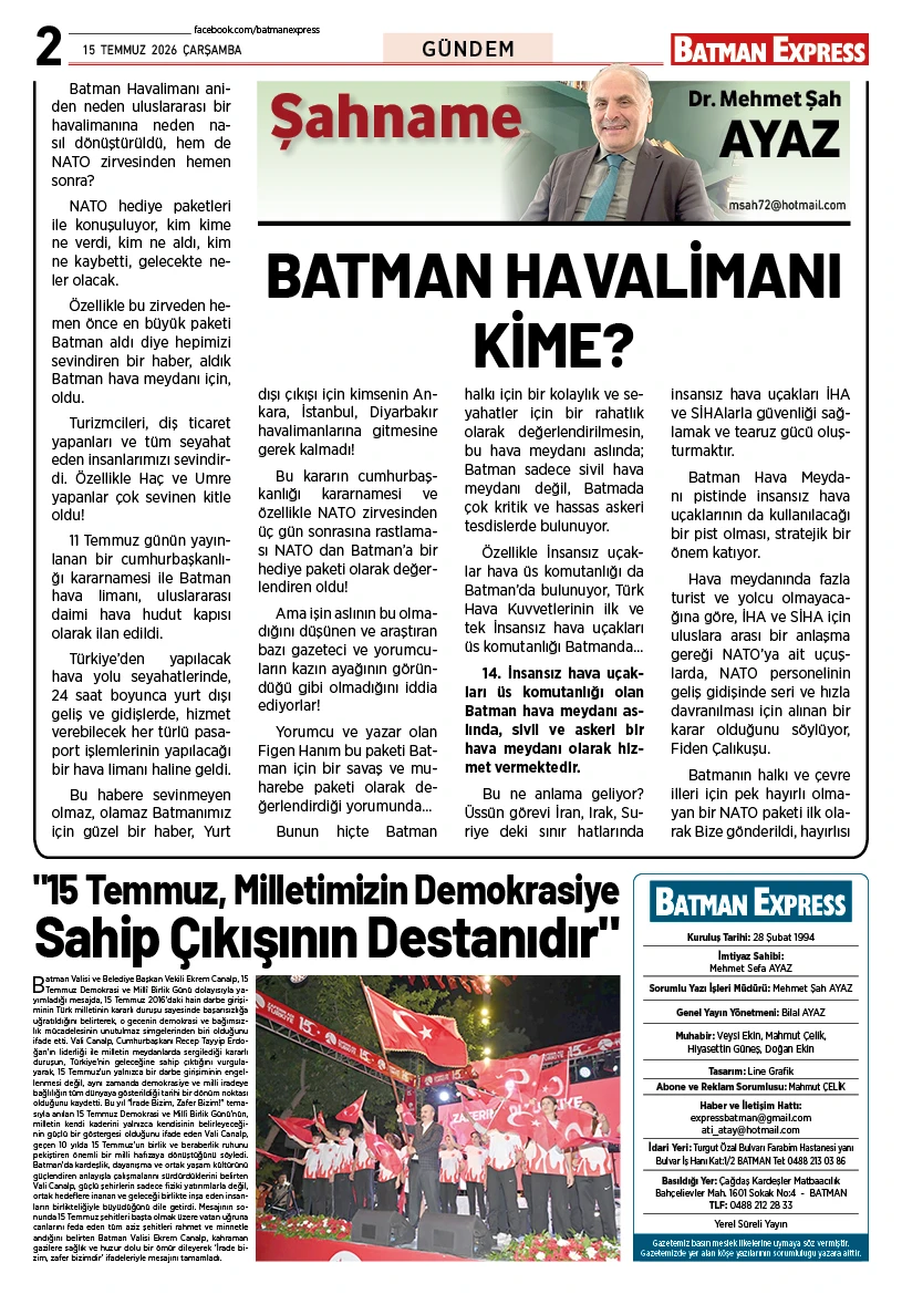 15 TEMMUZ 2026 ÇARŞAMBA