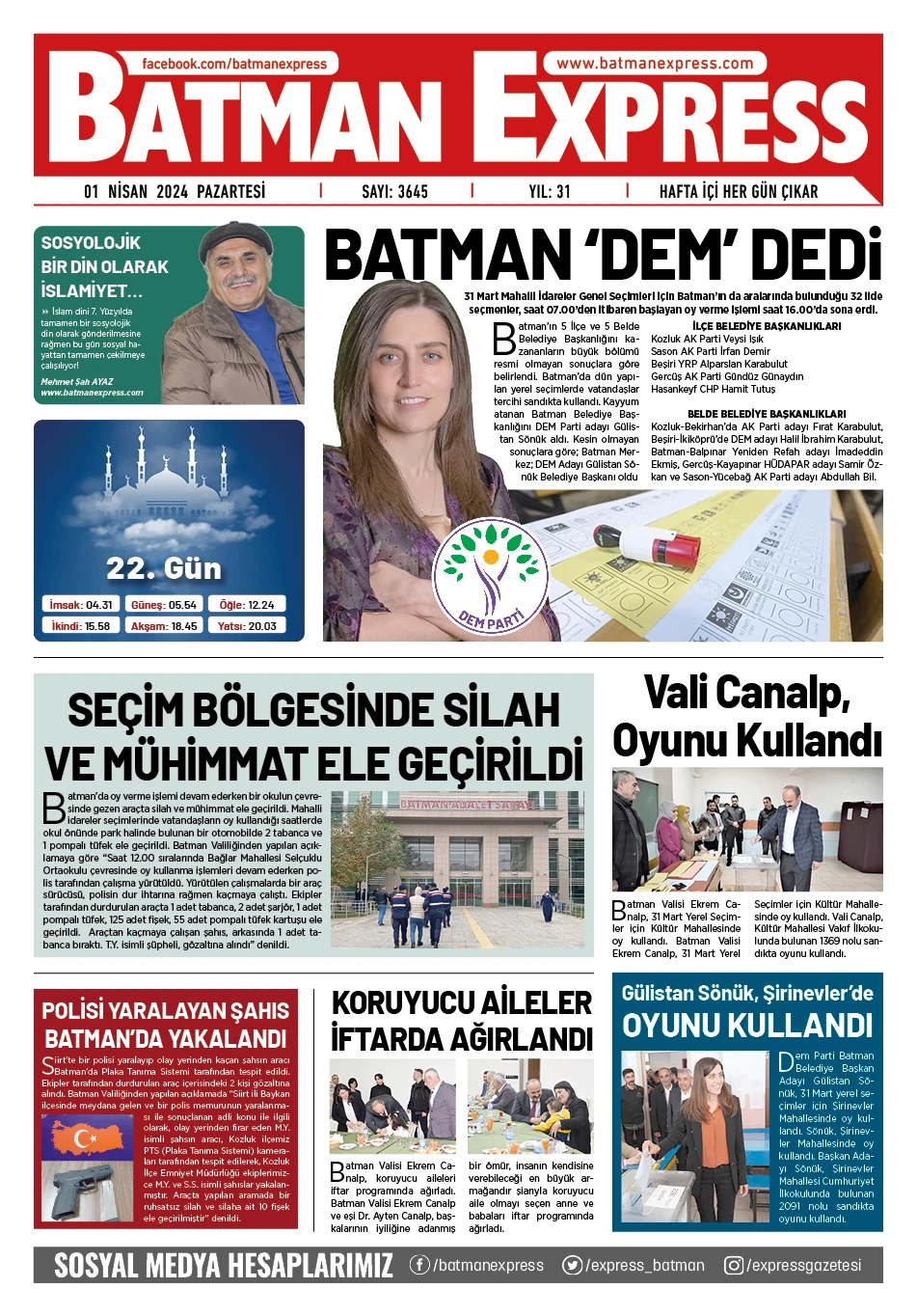 01 NİSAN 2024 PAZARTESİ