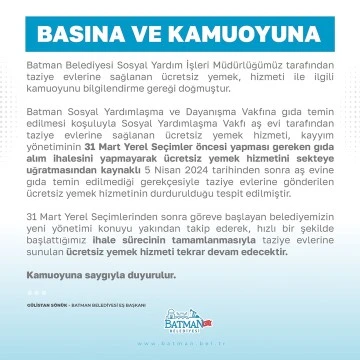 BELEDİYE&rsquo;DEN &Uuml;CRETSİZ YEMEK A&Ccedil;IKLAMASI